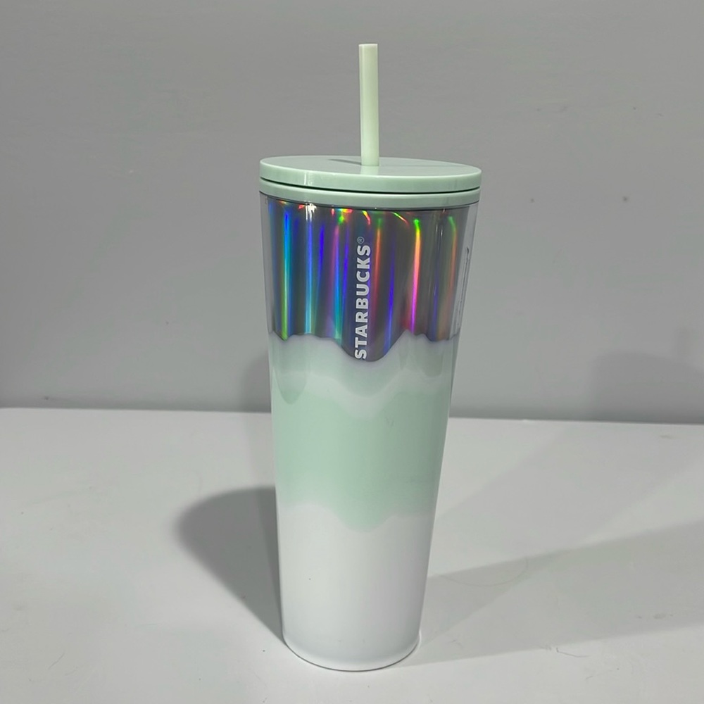 Starbucks Holiday Ice Wave 2021 Tumbler Iridescent Icy Mint White & Silver